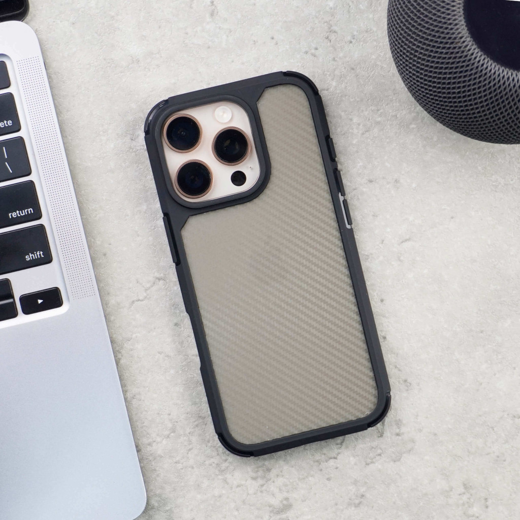 Carbon Shield Stripe Case Black for iPhone 16 Pro + Tempered Glass Protection + Camera Lens Protector