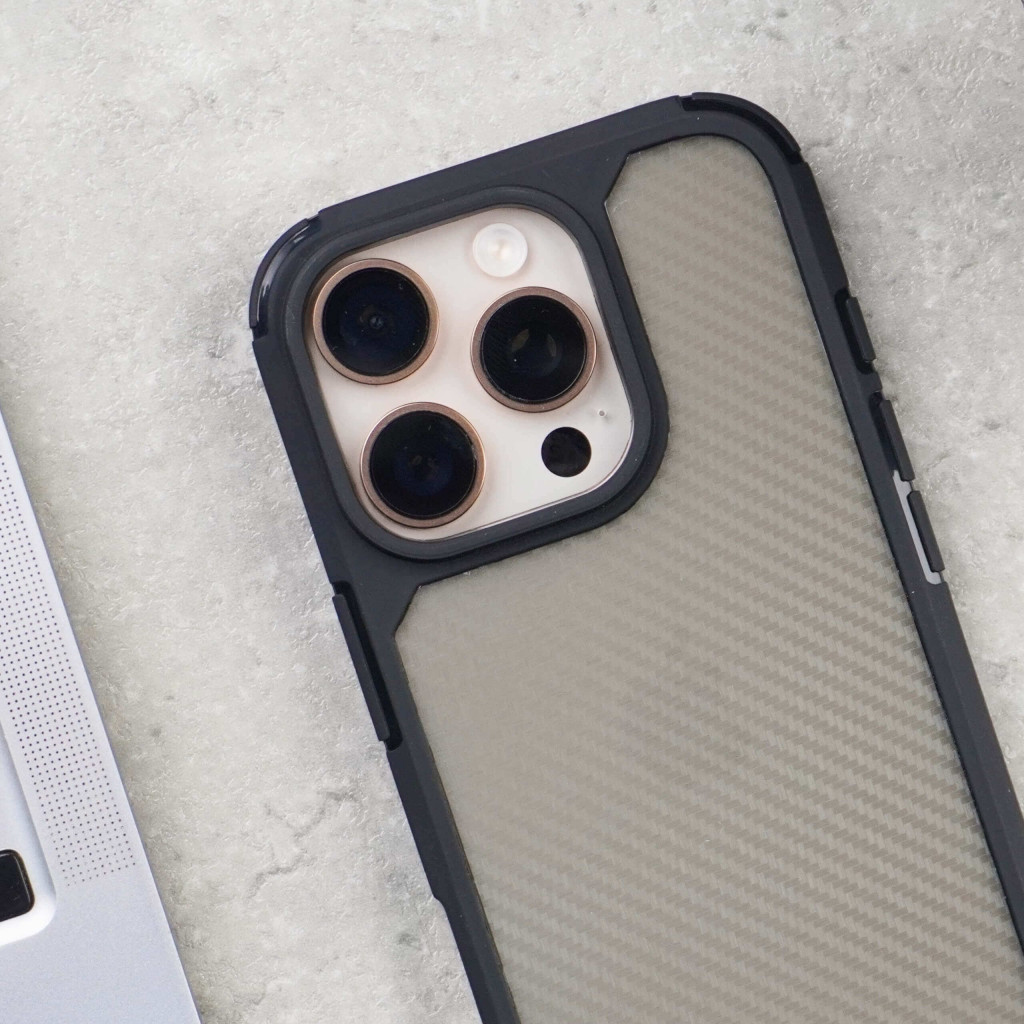 Carbon Shield Stripe Case Black for iPhone 16 Pro + Tempered Glass Protection + Camera Lens Protector