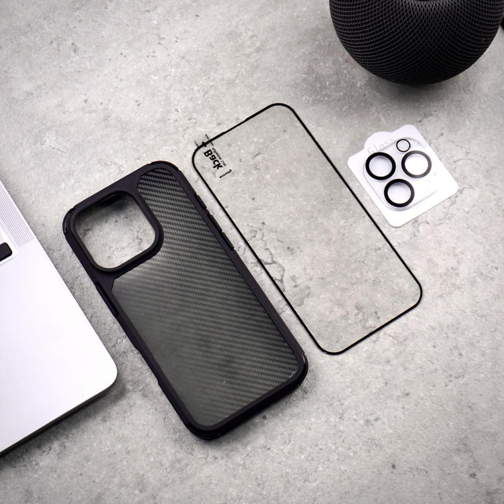 Carbon Shield Stripe Case Black for iPhone 15 Pro Max + Tempered Glass Protection + Camera Lens Protector Carbon Shield Stripe Case Black for iPhone 15 Pro Max + Tempered Glass Protection + Camera Lens Protector