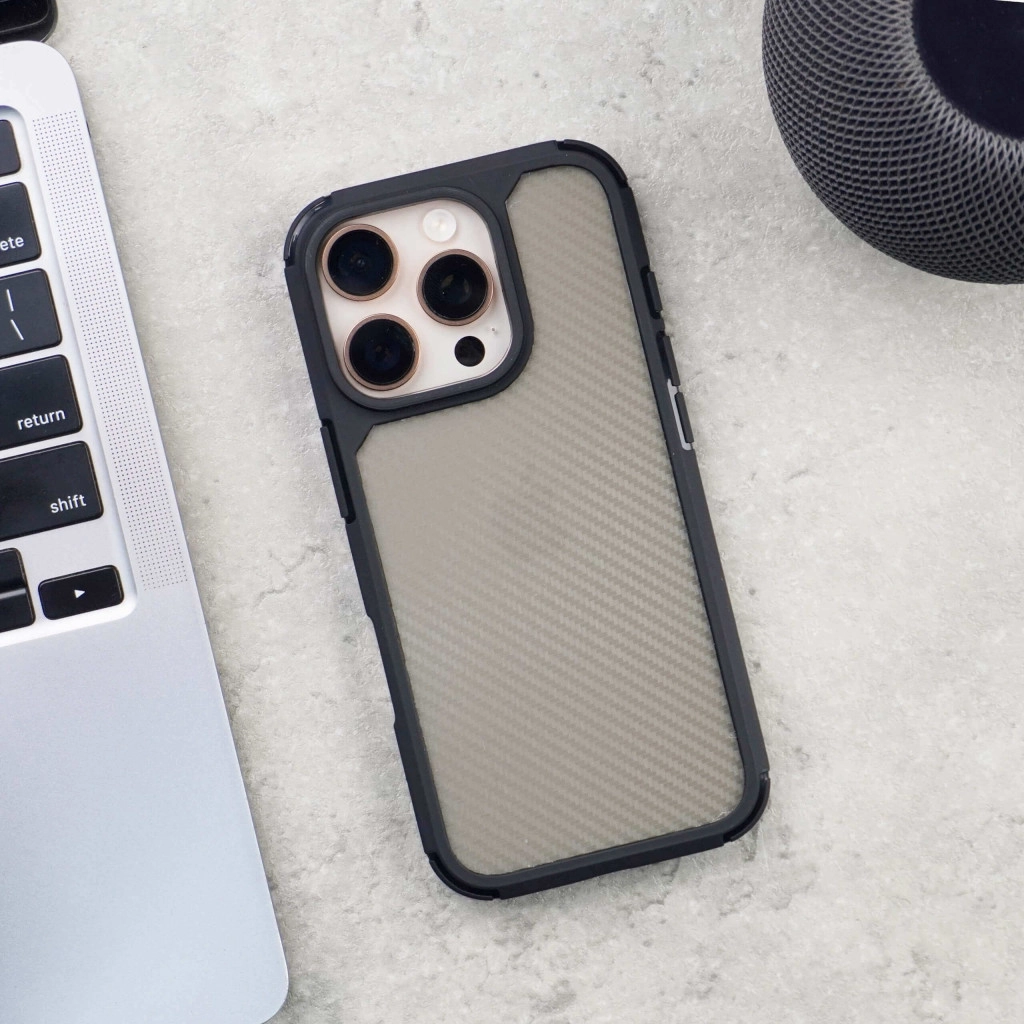 Carbon Shield Stripe Case Black for iPhone 14 Pro  + Tempered Glass Protection + Camera Lens Protector