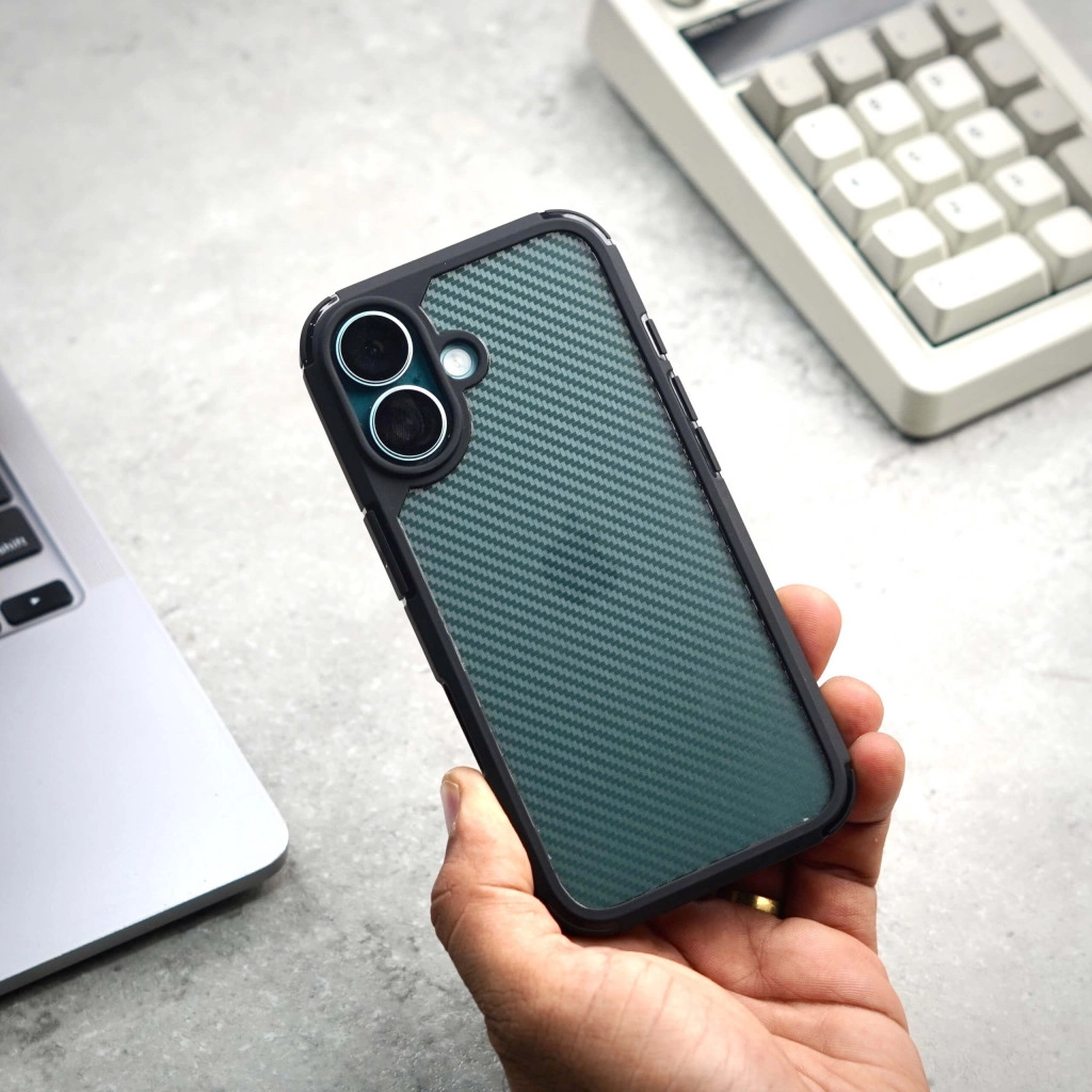 Carbon Shield Stripe Case Black for iPhone 16  + Tempered Glass Protection + Camera Lens Protector