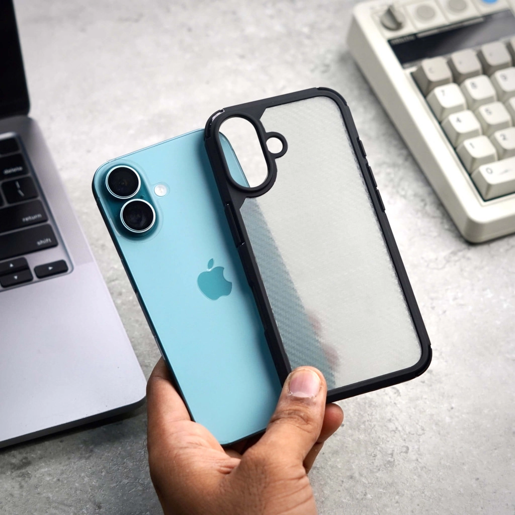 Carbon Shield Stripe Case Black for iPhone 16  + Tempered Glass Protection + Camera Lens Protector