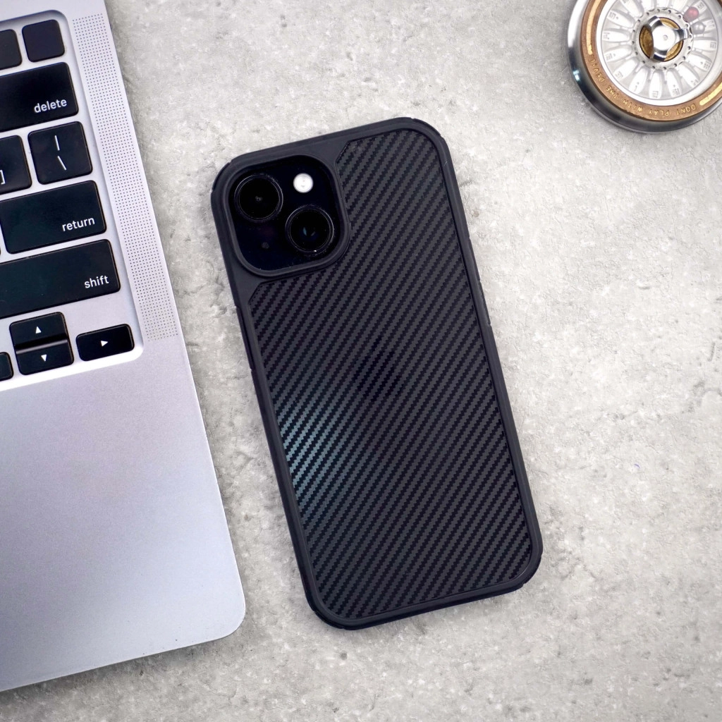 Carbon Shield Stripe Case Black for iPhone 14 + Tempered Glass Protection + Camera Lens Protector