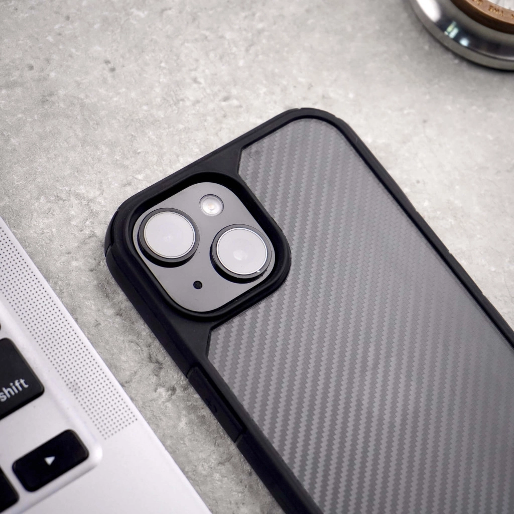 Carbon Shield Stripe Case Black for iPhone 14 + Tempered Glass Protection + Camera Lens Protector