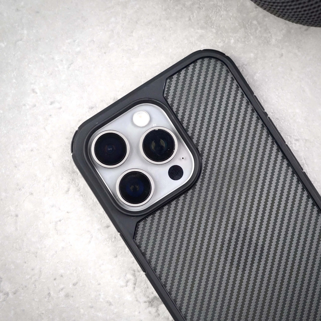 Carbon Shield Stripe Case Black for iPhone 14 Pro  + Tempered Glass Protection + Camera Lens Protector