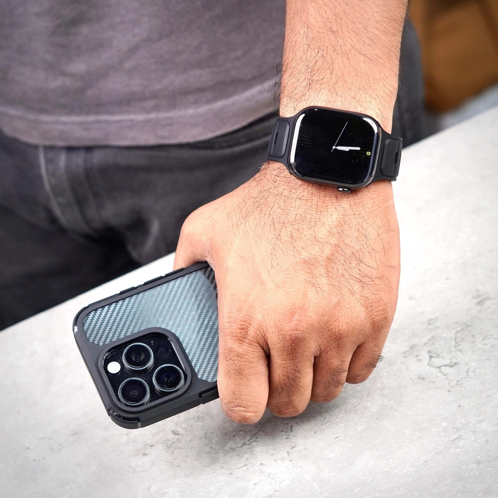 Carbon Shield Stripe Case Black for iPhone 14 Pro  + Tempered Glass Protection + Camera Lens Protector